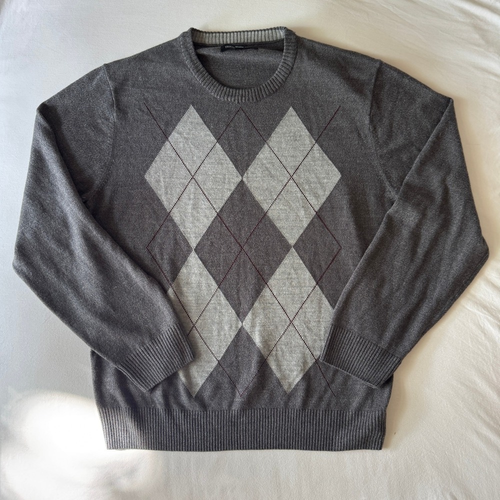 Tricots St Raphael Gray Argyle Crewneck Sweater XL Knit Pullover Preppy Academia